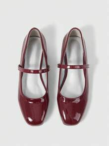 Sleekvia Women's Square Toe Slip-On Shoes, Burgundy PU Mary Jane Shoes For Commuting - Burgundy - View 2