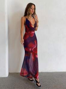 Aloruh Blue Printed Beaded Backless Sexy Draped Neck Vacation Dress, Y2K Music Festival Island Holiday Dress - Multicolor - View 5