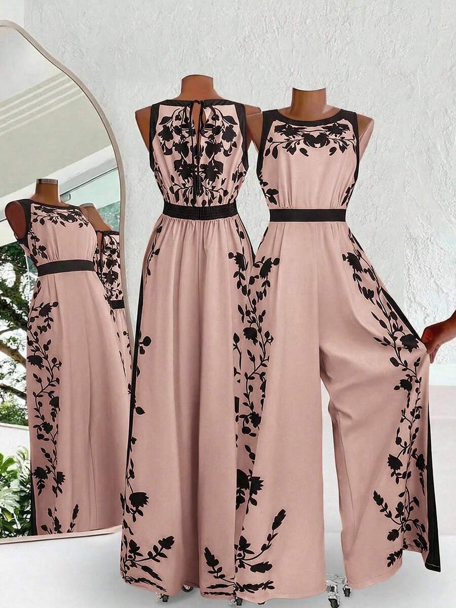 SHEIN Clasi Women's Elegant Backless Jumpsuit, Loose Fit Colorblock Printed Romper For Vacation - Pink - View 1
