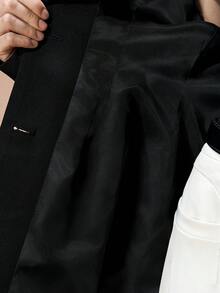 Arave Women's Deep V-Neck Wide Shoulder Pad, Pleated Waist, Hollow Back, Floral Lace Tie Design Elegant Date Night Blazer - Black - View 9