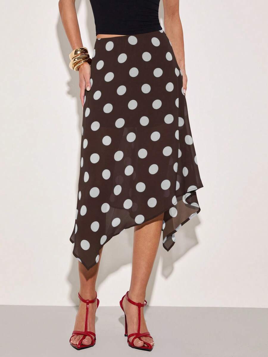 COSMINA Women's Polka Dot Chiffon Irregular Hem Skirt, Fashion Item For Daily Wear, Date, New Year, Versatile, Elegant Skirt, Suitable For Street Style Brown Polka Dot Skirt Asymmetrical Skirt Polka Dot Outfit Women - Brown - View 1