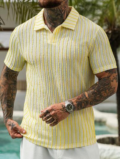 VENTUSAIL Men's Casual Retro Vacation Loose Fit Short Sleeve Polo Shirt, Essential For Daily Outing And Vacation, Great Gift For Family And Friends,Men Old Money,Daily Leisure, Weekend Trips, Outdoor Activities, Travel Expeditions, Relaxed Work Environments Or Semi-Formal Occasions, Boyfriend/Husband Gift, Anniversary /Birthday Gift Party Summer Vacation Holiday,Wedding,Spring To Summer,Easter,Lightweight Men's Yellow And White Striped Polo Shirt Short Sleeve Knitted Fabric For Summer Fashion,Men Shirts Yellow And White Color,Men's Summer Shirts,Men's Lemon Shirt,Cuban Shirt Men,Men Jamaica Shirt