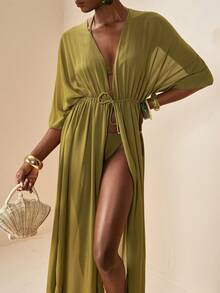 Zivah 2026 女士度假休闲沙滩薄纱雪纺抽绳腰带长款和服罩衫 - 軍綠色 - 查看 6