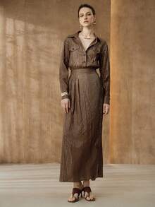 Arave Women's Woven Cotton Blend Metallic Silver Thread Fabric Shirt Collar Small Drop Shoulder Long Sleeve Cinched Waist Full Button Design Casual Long Dress - Coffee Brown - View 4