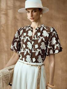 Arave Women's Embroidered Front Button Petal Sleeve Elegant Blouse - Coffee Brown - View 7