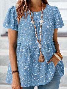 EMERY ROSE Plus Size Women Summer Casual Vacation Ditsy Floral Short Sleeve Babydoll Top - Blue - View 3