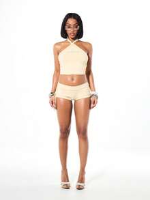 SUMWON WOMEN Fold Over Ruched Side Tie Detail Booty Shorts High Rise Cream Lounge Shorts Fitted Summer Casual Women - Apricot - View 3