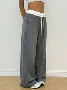 Dewbera Yoga Casual Loose Contrast Color Drawstring Waist Wide Leg Sweatpants - Dark Grey - View 4