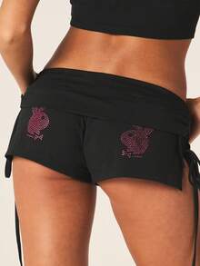 Missguided x Playboy Bộ đồ nữ gồm áo croptop cổ yếm đính đá và quần short, trang phục mùa hè lấp lánh, áo hai mảnh phối hợp. - màu đen - Xem 6