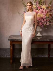 MOTF Soiréza ELEGANT FAUX PEARL & CONTRAST SEQUIN EMBELLISHED PARTY DRESS, SPRING/SUMMER - Apricot - View 7