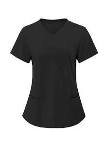 TaskEZ 纯色双口袋短袖工作服上衣 - 黑色 - 查看 1