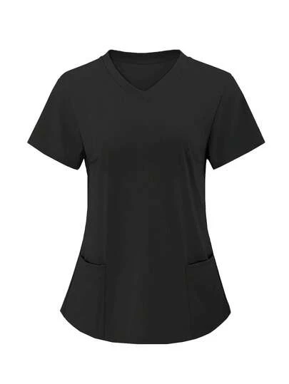 TaskEZ Solid Color Double Pocket Short Sleeve Scrub Uniform Top Black Scrubs For Women Scrub Tops Nursing Tops Black Work Top Uniforms Women Scrub