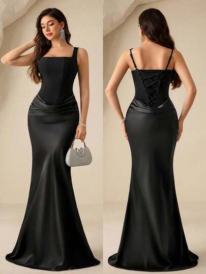 Coutiva Women's Solid Color Square Neck Sleeveless High-End Evening Dress, Elegant And Luxurious Formal Gown