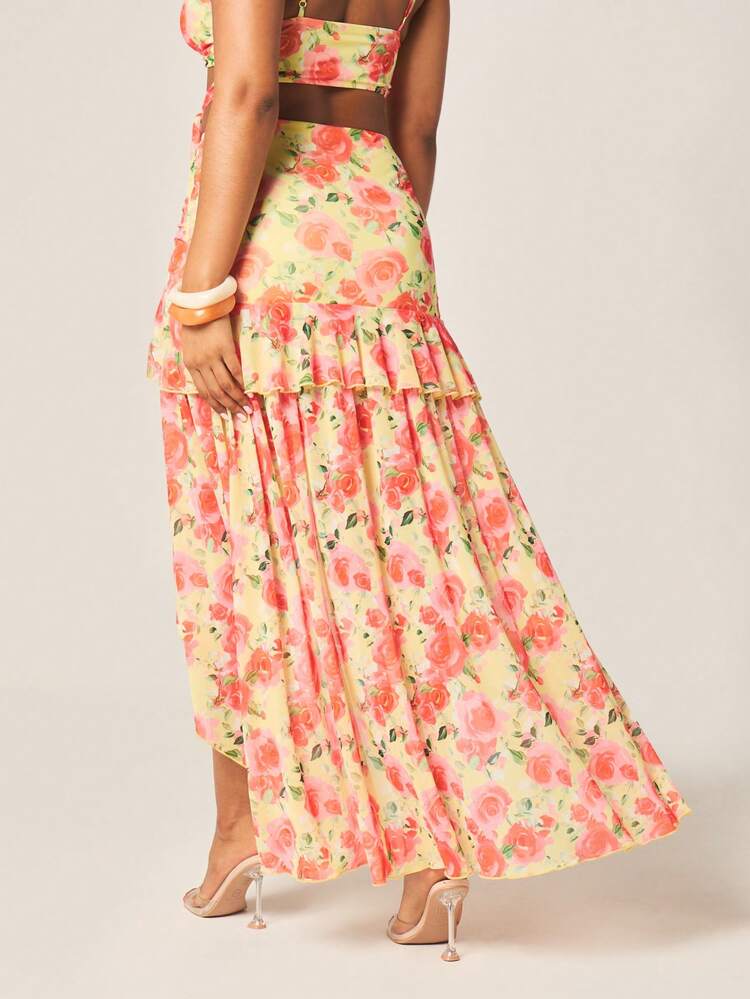 MISSGUIDED Women's Floral Print Ruffle Tiered Maxi Skirt With High Low Asymmetric Hem And Side Tie Detail For Summer Vacation Resort Wear