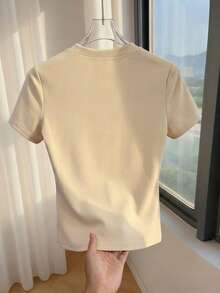 Franclia 女士纯色杏色圆领纽扣肩部装饰短袖修身T恤，适合日常休闲百搭穿着，夏季 - 杏色 - 查看 2