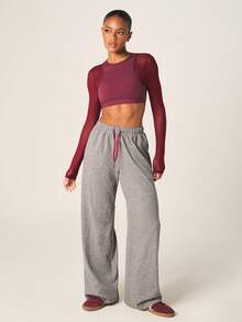 MISSGUIDED Women's Contrast Binding Drawstring Wide Leg Lounge Trousers High Waisted Casual Palazzo Pants With Elastic Waistband Comfortable Relaxed Fit - Dark Grey - View 2