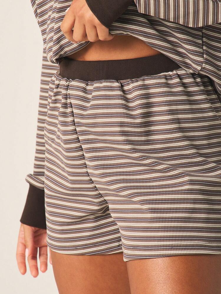 MISSGUIDED Women's Ribbed Striped Lounge Shorts With Elastic Waistband Casual Drawstring Relaxed Fit Pajama Bottom Summer Comfort Sleepwear Soft Stretch Loungewear