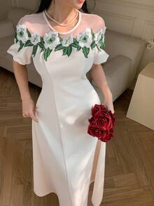 Spring & Summer White Dress, Elegant For Valentine's Day, Wedding, Party, Banquet, Fashion Event. Waist-Cinched Fit, Ruffle Hem, Bell Sleeves, Color Block Floral Print Long Dress For Women - Beige - View 4