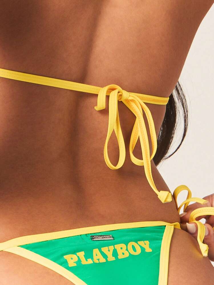 Missguided x Playboy Women's Triangle Bikini Set With Contrast Yellow Trim And Bunny Logo Print Summer Beach Swimwear Two Piece