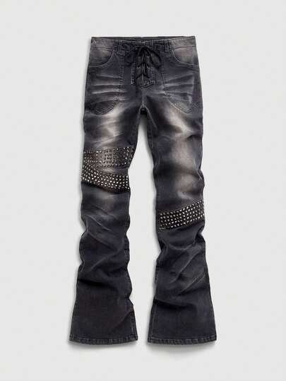 ROMWE MEN Men's Metal Rivet Drawstring Decorated Layered Denim Jeans
