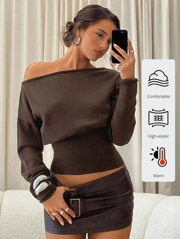 Aloruh Jersey marrón de manga larga, cuello ajustado y hombros asimétricos descubiertos para mujer, para otoño/invierno