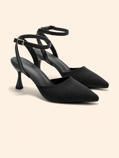 CUCCOO BASICS Tacones altos de punta fina con correa de tobillo de tela de punto negra, cómodos para ir al trabajo, la oficina, las vacaciones y el uso diario