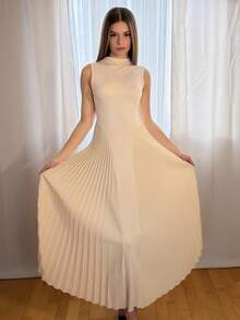 Aless PB 女士優雅百褶緊身A字裙 - 杏色 - 查看 3