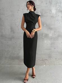 Firerie Women's Elegant Minimalist Casual Daily Commute Vacation Fashion New Small Stand Collar Draped Sleeve Cinched Waist Apricot Long Dress Classy Black Dress Elegant Midi Dress Collar Dress - Black - View 3