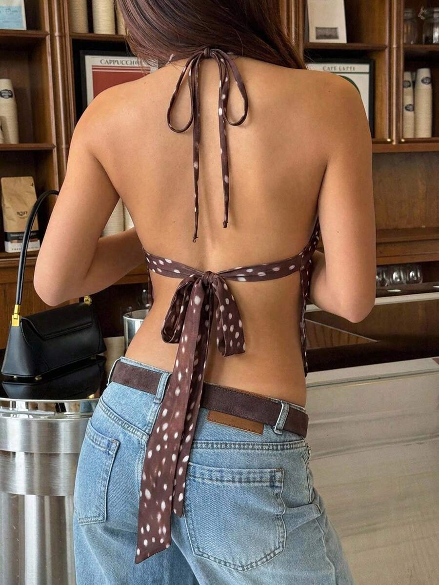 Aloruh 女士波点印花深V领性感时尚吊带背心 - 鏽棕色 - 查看 1