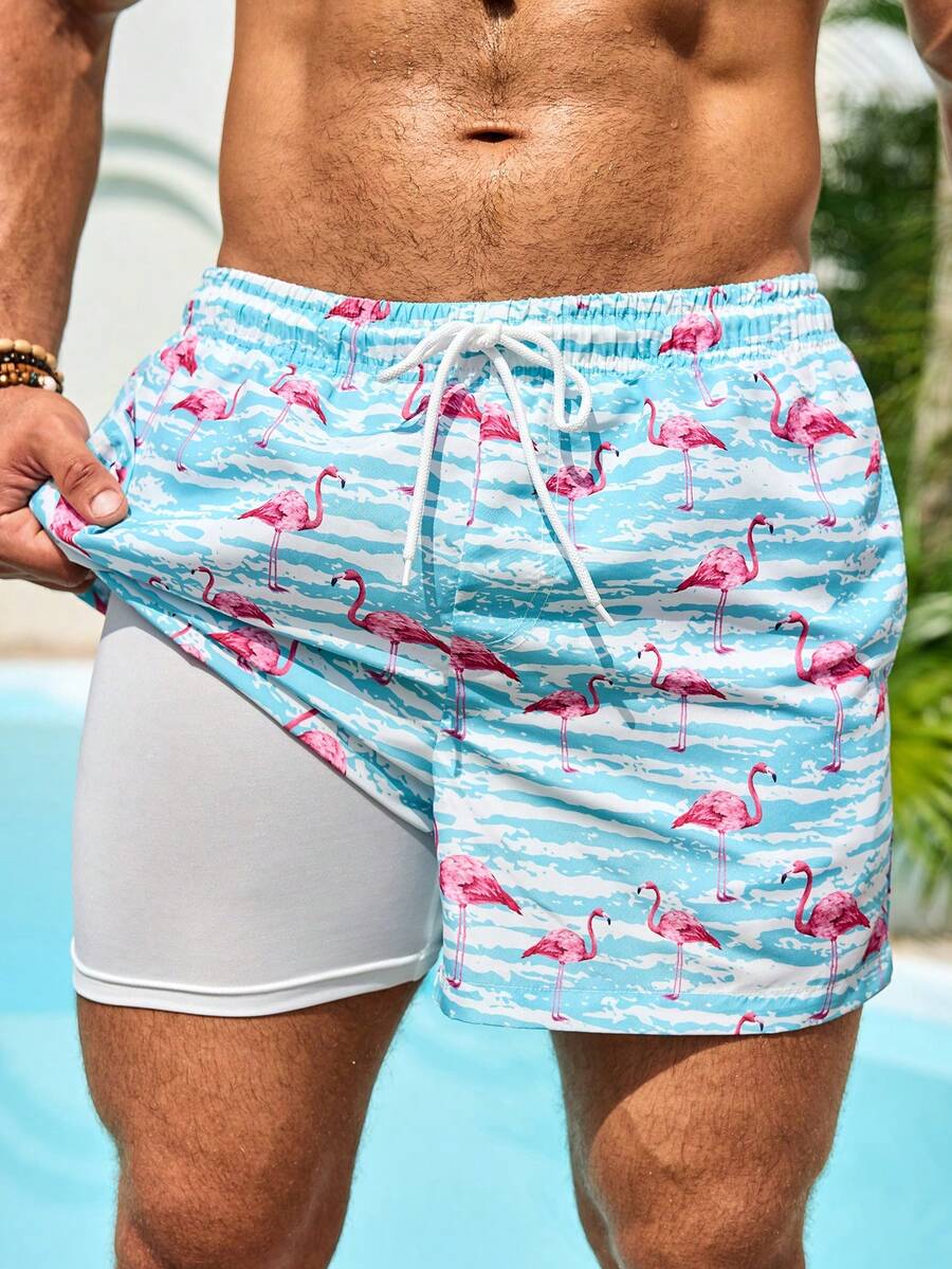 Manfinity Swimmode Men's Casual Flamingo Print Beach Shorts Pool Party Mens Swimwear Men Swim Trunks Flamingo Print Turquoise Swim Trunks - Baby Blue - View 1