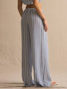 MUSERA Stripe Drawstring Wide Leg Co-Ord Trousers Only Spring Summer Cosy Cute Daily Girly Vacation Sunlight Social - Blue and White - View 3