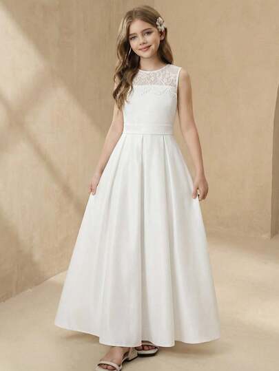 Pitira Tween Girls Elegant Lace Patchwork Bow Party Dress, Suitable For Prom, Wedding, Party And Other Occasions