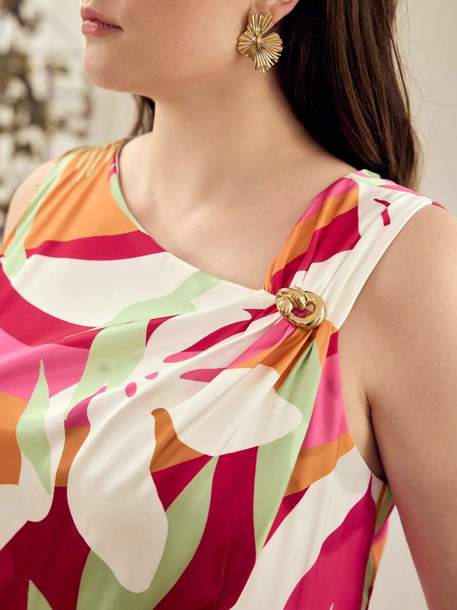 MOTF PREMIUM PLUS SIZE FLORAL PRINT ASYMMETRICAL NECK DRESS, SPRING/SUMMER - Multicolor - View 2