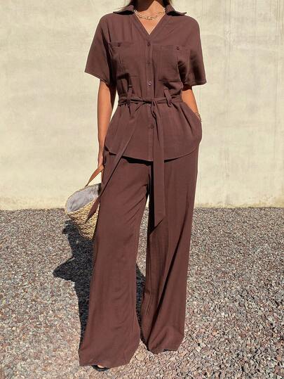 DAZY 女士夏季休闲纯色口袋腰带衬衫和阔腿裤两件套