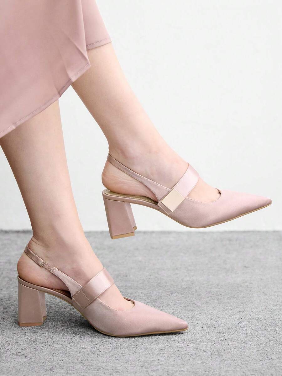 CUCCOO BIZCHIC Naked Pink Sardine Cloth Simple Square Buckle Fashionable And Comfortable Commuting Holiday Pointed Toe High Heel Thick Heel Shoes Spring Shoes - Naked pink - View 1