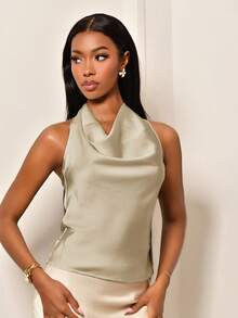 杏色V領綁帶腰簡約優雅女士襯衫 - 杏色 - 查看 3