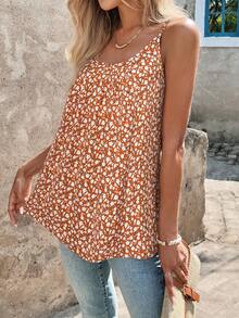 SHEIN Clasi Áo hai dây nữ màu hồng họa tiết hoa nhí thời trang, thanh lịch, thích hợp mặc riêng hoặc mặc nhiều lớp trong nhiều dịp. - trái cam - Xem 4