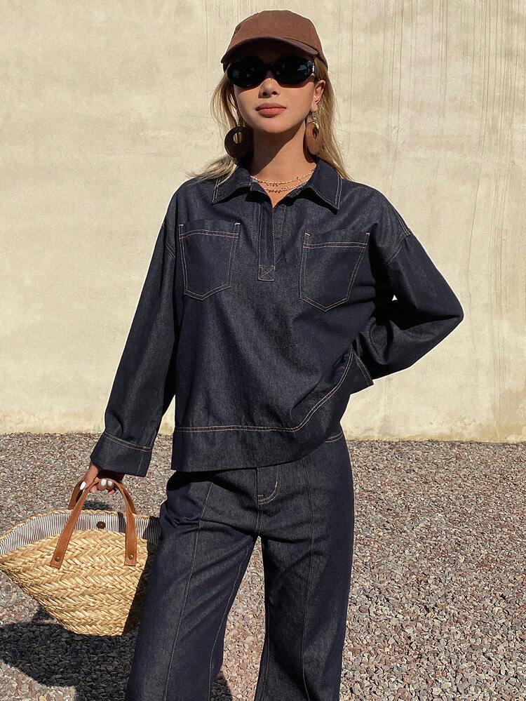 Women's Spring Casual Denim Suit, Loose Fit Shirt With Decorative Stitching Collar And Relaxed Fit Pants