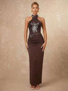 Lumalex Đầm dài ôm sát gợi cảm dành cho nữ, phối sequin và hạt cườm, kiểu patchwork. - Cà phê nâu - Xem 2