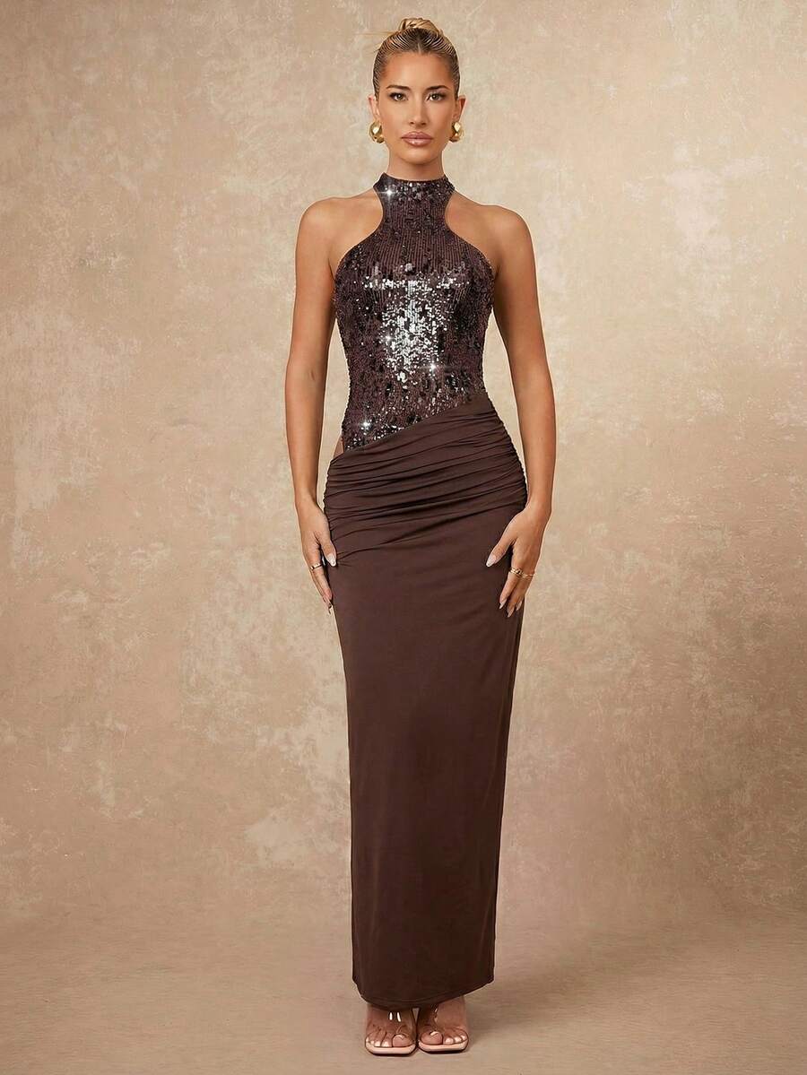 Lumalex Đầm dài ôm sát gợi cảm dành cho nữ, phối sequin và hạt cườm, kiểu patchwork.