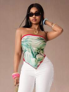 Coolane Conjunto de ropa de mujer para primavera/verano, elegante y de vacaciones, para uso diario, con top tubo de satén, estampado floral y con brillo elástico - Verde - Ver 4