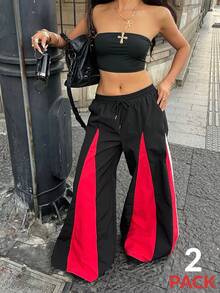 Coolane 女士春季音乐会服装 锐舞服装 复古街头风 Y2K 撞色抹胸上衣和阔腿运动裤两件套 - 黑色 - 查看 2