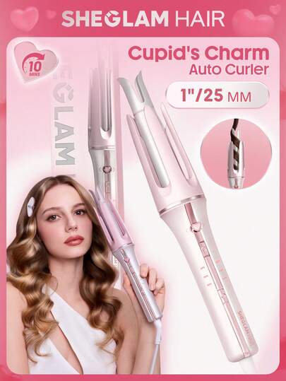 SHEGLAM HAIR 丘比特魅力自動捲髮棒，25毫米美規插頭，10分鐘快速捲髮，60秒快速預熱，3檔可調溫度，心形開關，8秒智能定時器，快速自動捲髮，增強光澤並保護秀發，適合中長髮。 畢業 生日 禮物 假期 冬天 粉紅色的 氛圍 化妝品 派對 海灘 旅行 露營 學校 校園 節慶 玫瑰 展示 女孩 魅力 最好的 情人節 婦女節 愛自己