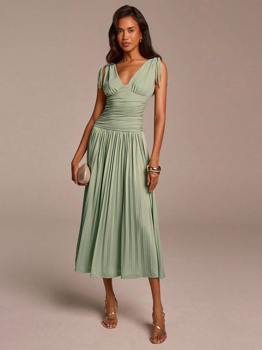 COSMINA Đầm nữ xếp ly cổ chữ V thắt eo, màu xanh lá cây, kiểu dáng thanh lịch thường ngày, chất liệu vải lưới, màu trơn. - màu xanh lá - Xem 1