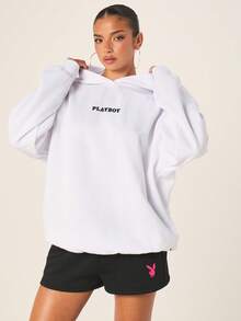 Missguided x Playboy Gaun Mini Hoodie Putih Lengan Panjang dengan Tali Serut untuk Gaya Streetwear Kasual Musim Gugur dan Musim Dingin - Putih - View 1