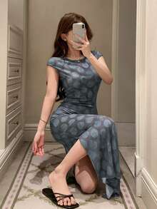 Sleeveless Geometric Polka Dot Print Waist Cinched Long Nightgown For Women, Summer - Blue - View 3