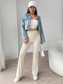 SHEIN EZwear 女士杏色弹力腰带缝线细节喇叭裤，春夏款 - 杏色 - 查看 3