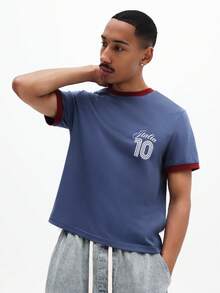 SUMWON Men's Slim Fit Ringer T-Shirt With Crew Neck Short Sleeves And Italia 10 Chest Print Casual Summer Style - Blue - View 4