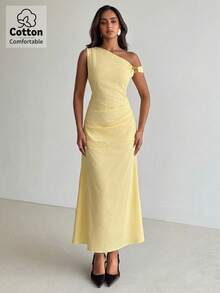 Aloruh Đầm công sở nữ bằng cotton, kiểu dáng bất đối xứng, đính kim loại, eo nhún bèo, thích hợp mặc đi làm. - Màu vàng - Xem 6