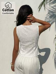 Aloruh Women's Deep V-Neck White Eyelet Embroidery Button-Up Shirt, Spring/Summer - White - View 2